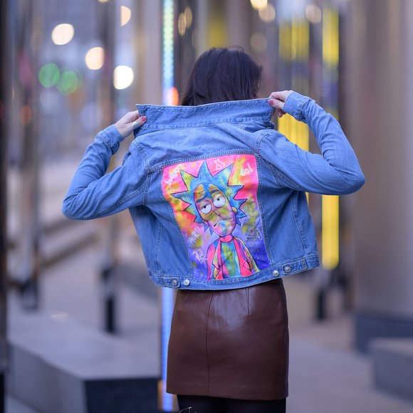 Vintage Denim Jacket Rick Sanchez Women's M Size Hand Painted Art - Picture 4 of 5